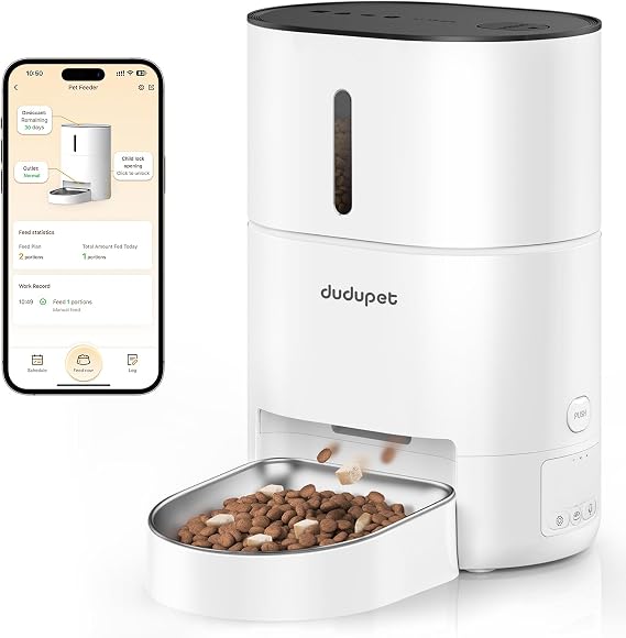 Automatic Cat Feeder, 4L Cat Food Dispenser Dog Feeder Automatic, 2.4G WIFI Remote Control Dual Power Supply, 10-Second Voice Recording, Stainless Steel Bowl, Suitable for Small Dogs and Cats
