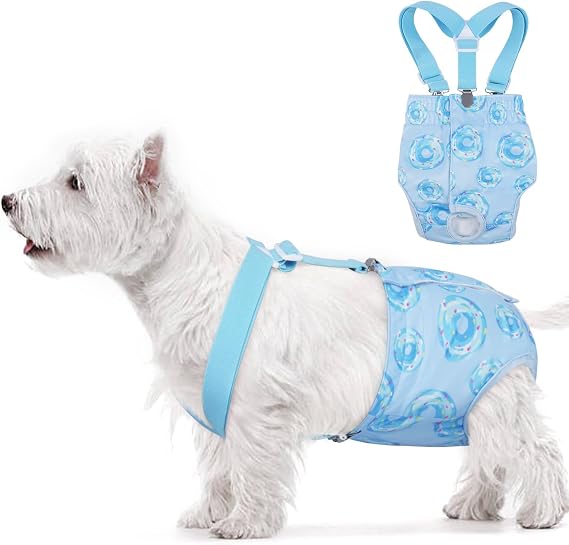 Dog Diapers Female with Suspender, Reusable Dog Diaper Female, Washable Doggie Diapers for Medium Doggy in Heat Cycle Period Incontinence, Boston Terrier, Pug (Blue M)