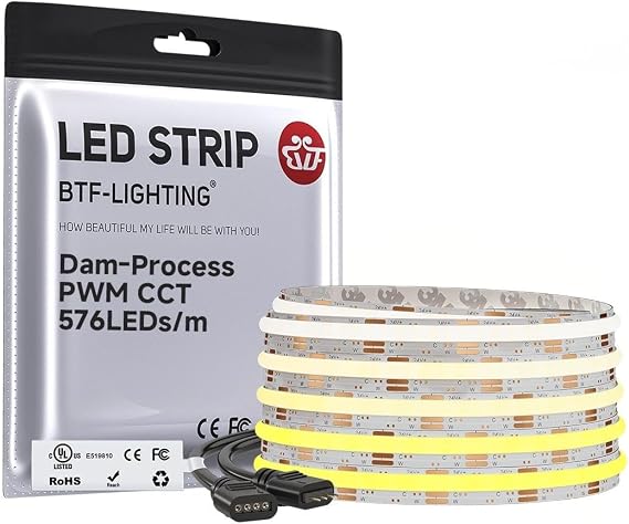 BTF-LIGHTING FCOB CCT LED Strip COB Dam-Type Point-Free 24V 5m 576 LEDs/m Flexible CRI90+ Colour Temperature Adjustable 2700K-6500K No Dark Spot Dimmable LED Strip (without Controller & Power Supply)