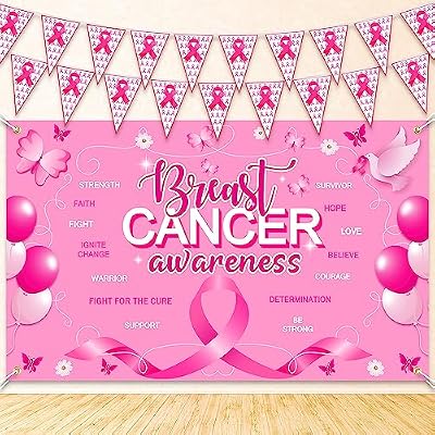 Breast Cancer Awareness Decorations, 2Pcs Ribbon Party Supplies, 32.8FT Ribbon Hanging Pennant Banners, 70.9x43.3 in Breast Cancer Support Banner Backdrop for Breast Cancer Charity Events