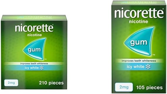 Nicorette Gum 2 mg Ice White, Fast, Whitening 1 Pack x 210 Pieces and Nictotine Gum, Fast, Whitening 1 Pack x 105 Pieces