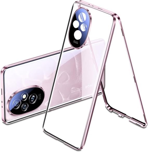 QUIETIP Case Compatible with Honor 200 Pro,Magnetic Body Metal Frame Double Sided Clear Tempered Glass Cover with Camera Protection,Pink