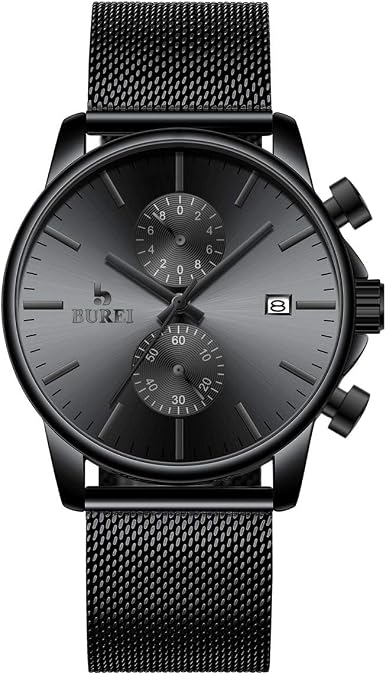 BUREI Mens Watch Fashion Minimalist Black Chronograph Analog Quartz Waterproof Mesh Stainless Steel Band Dress Watches for Men with Auto Date relojes para Hombres(All Black)