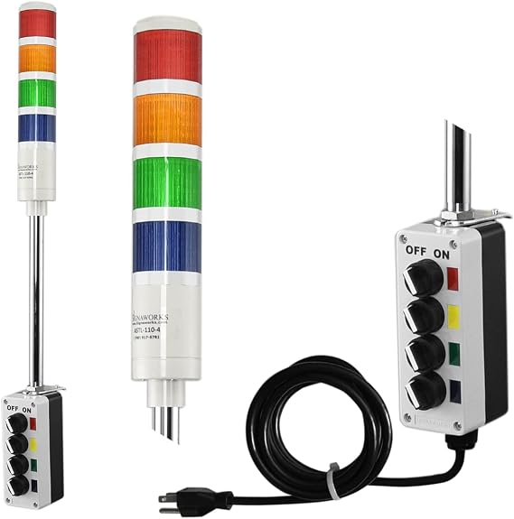 Signaworks 4 Stack Super Bright LED Andon Tower Light, Off-Steady, Red/Amber/Green/Blue, 8 ft Industrial Power Cord, Plug & Play Ready, 3 Prong Plug Meets OHSA Standard * Assembled in USA *