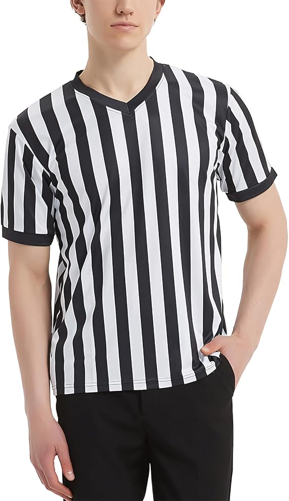 TopTie Sporting Goods Men's Referee Shirt Official V-Neck Black & White Stripe Jersey