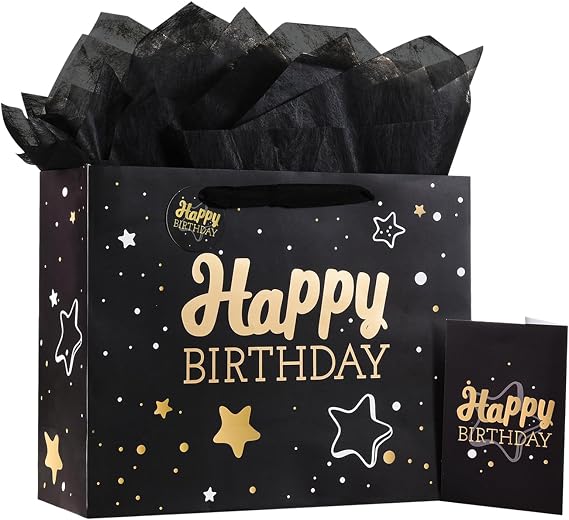 Powbrace 13" Birthday Gift Bag with Tissue Paper & Card(1 Pack Black Gold)
