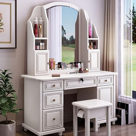 Contemporary Vanity Dressing Table Set with Wood Stool for Bedroom Rubberwood Dressing Table Mirror Dressing Table with Mirror Storage Cabinet Dressers Ivory 39" L x 19" W x 61" H