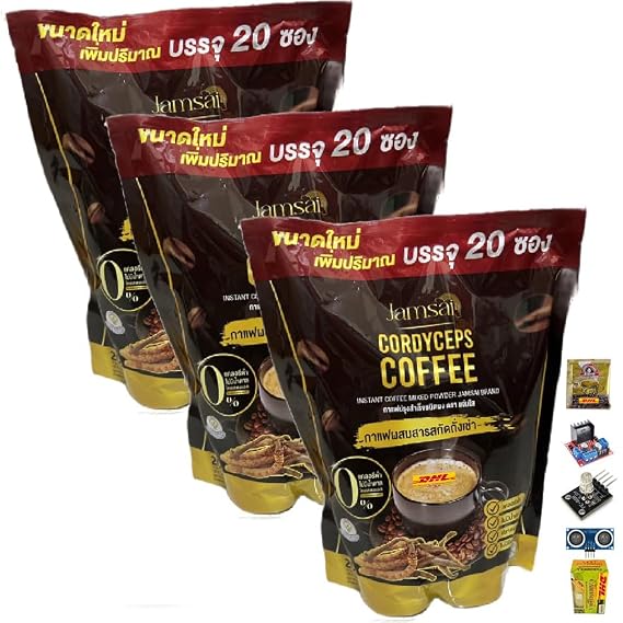 Jamsai Coffee Cordyceps 20 Sachets/Box (200g) Mix Instant Blend with Natural 22 in 1 Delicious Much Mellow Intense (of 3) By Beautygoodshop [Get Free For You Beauty Gifts]