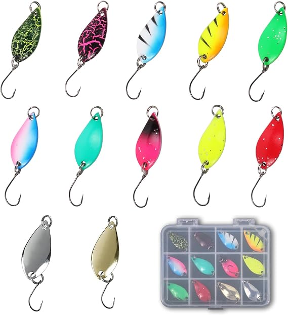 12Pcs Unique Trout Fishing Spoon Set Vivid Metal Baits Single Hook Noctilucent Spinner Fishing Lure Set with Plastic Box for Trout, Mandarin Fish and Bass
