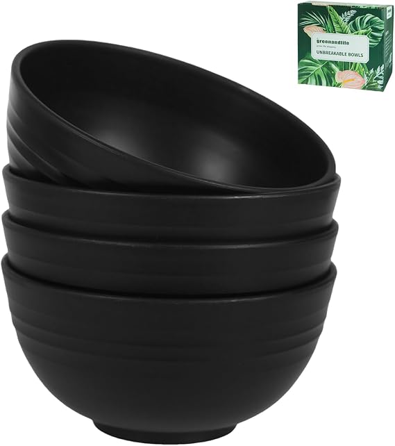 24oz/4PCS Wheat Straw Cereal Bowls, Lightweight Unbreakable Noodle Fruit Soup Rice Bowls Dishwasher Microwave Safe Bowl Sets, Non-toxin, BPA Free, Black