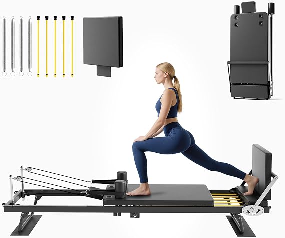Pilates Reformer, 91" Foldable Pilates Reformer Machine with Jump Board & Dual Resistance, Reformer Pilates Machine for Beginners and Advanced Users, Up to 500 lbs Weight Capacity, Black