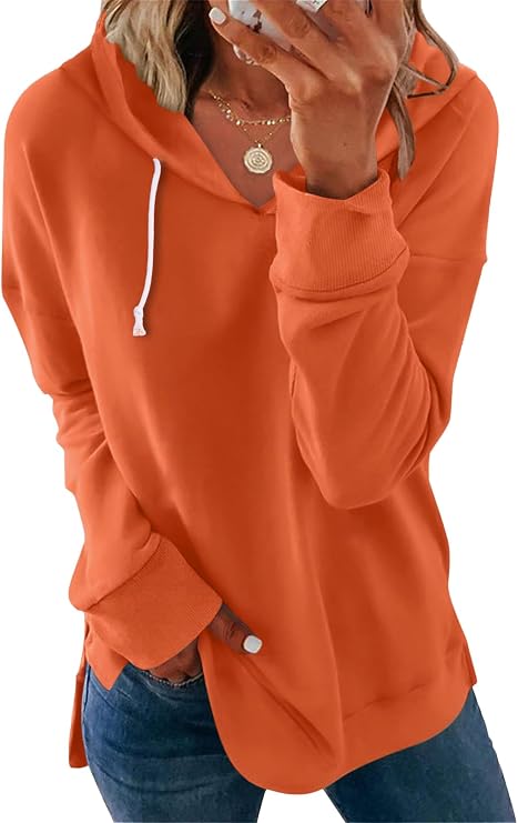 CNFUFEN Women's Loose Hoodie Sweatshirts Casual Long Sleeve Solid Color Fall Sweaters Drawstring Side Slit Pullover Tops