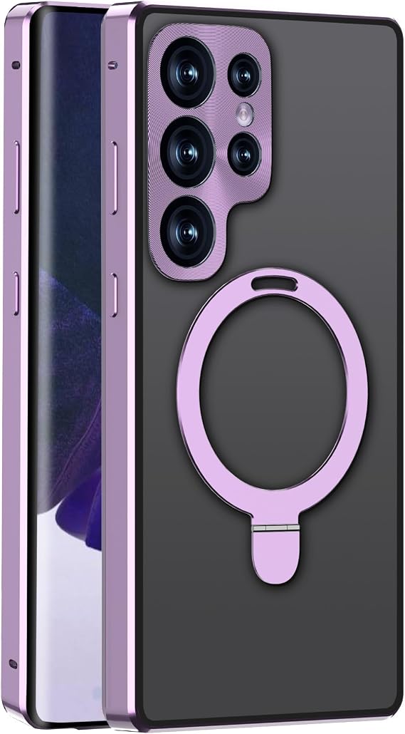 Safety Lock Galaxy S23 Ultra Case Magnetic Adsorption Aluminum Bumper Double Sided Case Tempered Glass+PC Back Cover with Lens Protector and Metal Bracket for Galaxy S23 Ultra 6.8 inch 2023 (Purple)