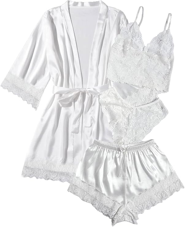 WDIRARA Women's Silk Satin 4pcs Pajamas Set Sleepwear with Robe
