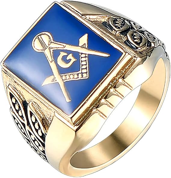 Men's Stainless Steel Gold Plated Freemason Masonic Rings Blue Master Mason Signet Biker Band