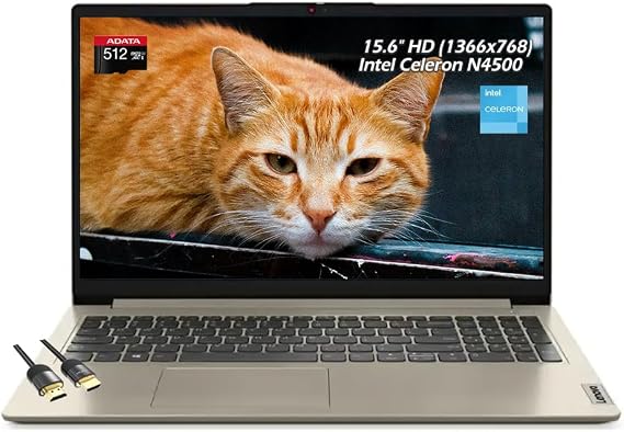 Lenovo Ideapad 1 15.6" HD Student Laptop, Intel Celeron N4500 2-Core, 36GB DDR4, 128GB eMMC + 512GB Card, Intel UHD Graphics, Webcam, WiFi6, Bluetooth, Window11, Sand, w/HDMI Cable, W/GaLiMu