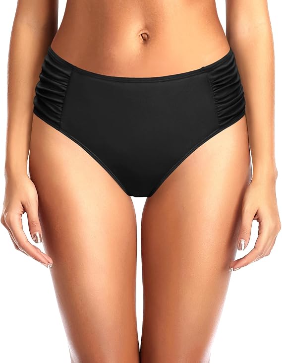 Women Bikini Bottoms Mid Waist Bathing Suit Swimsuit Ruched Swim Bottom | Full Coverage, Full Lining, Shirred, Mid Rise, Tummy Control