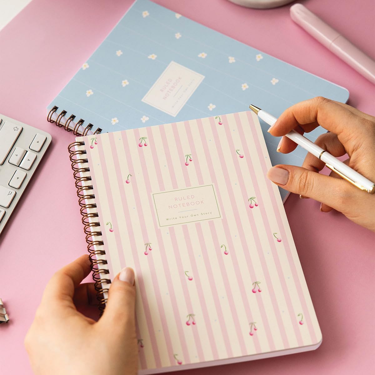 PAPERORA A5 Spiral Cardboard Cover Striped School Notebook 80 sheets Set of 2 - Curriculum - Cherry
