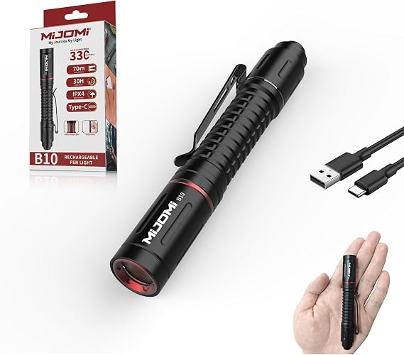 B10 Rechargeable Pen Light Flashlight, 330Lumens with Pocket Clip | EDC Flashlight Mini With Compact Tactical Tail Switch, Ideal for Work, Emergencies, Hiking, Household & Outdoor Use