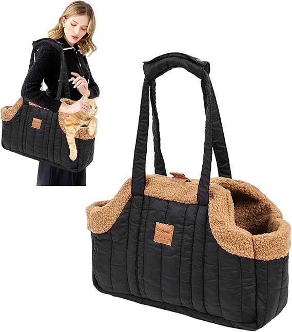 PETCUTE Small Dog Carrier Purse,Portable Dog Carrier Handbag for Small Dogs,Winter Fleece Warm Dog Tote Bag Carrier with Secure Harness Clip,Pet Travel Handbag for Shopping, Hiking and Walking