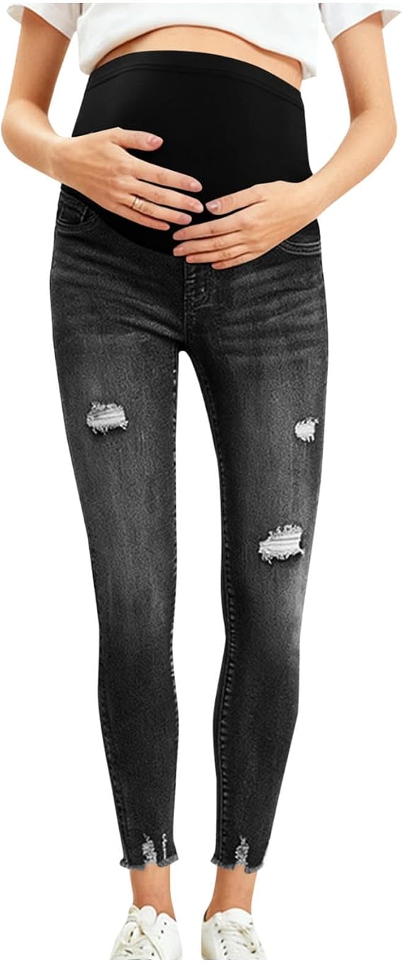 2026 Maternity Jeans Over Bump UK - Ripped Slim Fit Denim Pants Soft Belly Support Pregnancy Trousers Women Comfortable Stretchy Skinny Bottoms Lounge Work Jean Pants for Outdoor