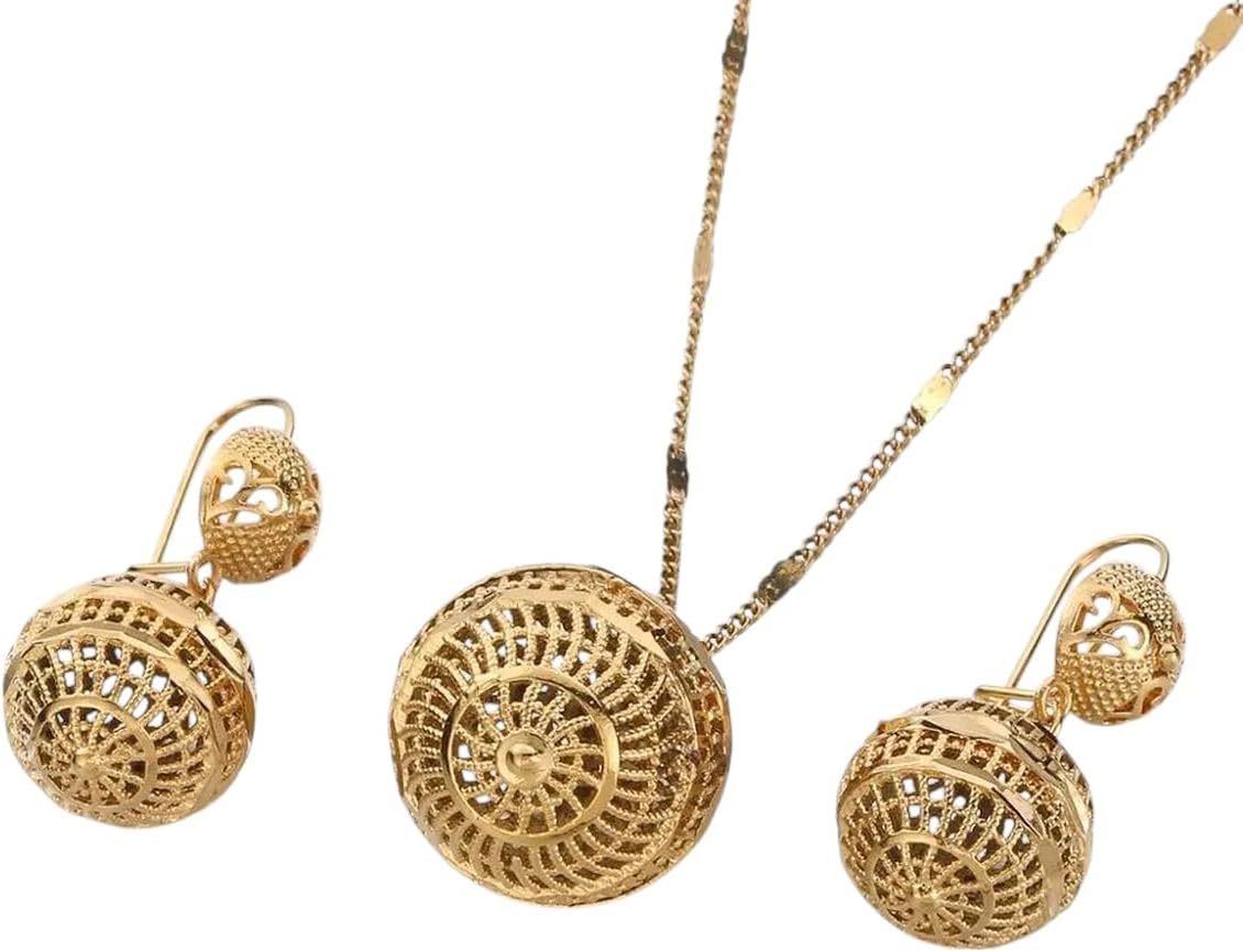 New For Trendy 2025 Gold Color Hollow Round Beaded Pendant Necklace Earring Joias Ouro Trendy Beaded Jewelry Sets Jewelry Fashion Accessories Creative Gift