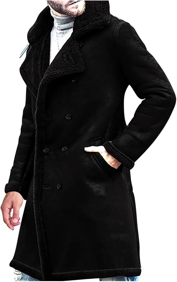 Mens Winter Coats Notch Lapel Long Trench Coat Fleece Sherpa Jackets Faux Fur Coats Parkas Thermal Heavyweight Outwear