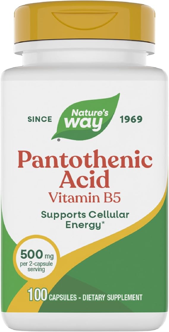 Nature's Way Pantothenic Acid Capsules, Supports Cellular Energy*, 100 ct | 500 mg per Serving, Vitamin B5, Helps Convert Food to Fuel*, Gluten-Free, Dietary Supplement