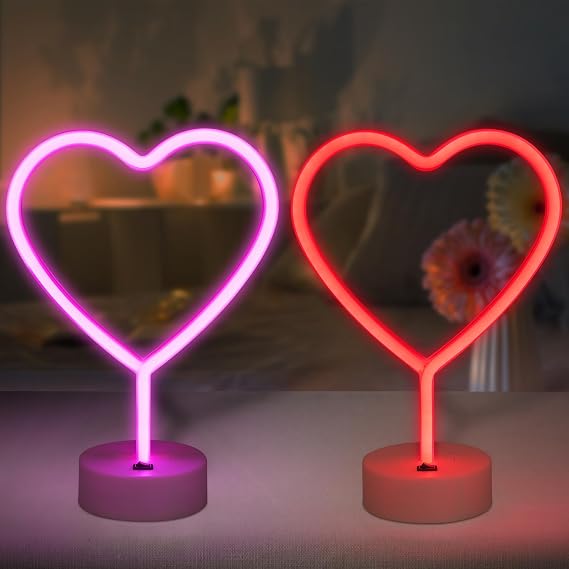 BRIGHTDECK 2'li Paket Kalp Neon Tabela, LED Pembe Kalp Neon İşaret Pille Çalışan veya USB ile Çalışan Dekorasyon Lambası, Neon Işıklar Sevgililer Günü, Yatak Odası, Düğün, Parti, Pembe Oda Dekoru için