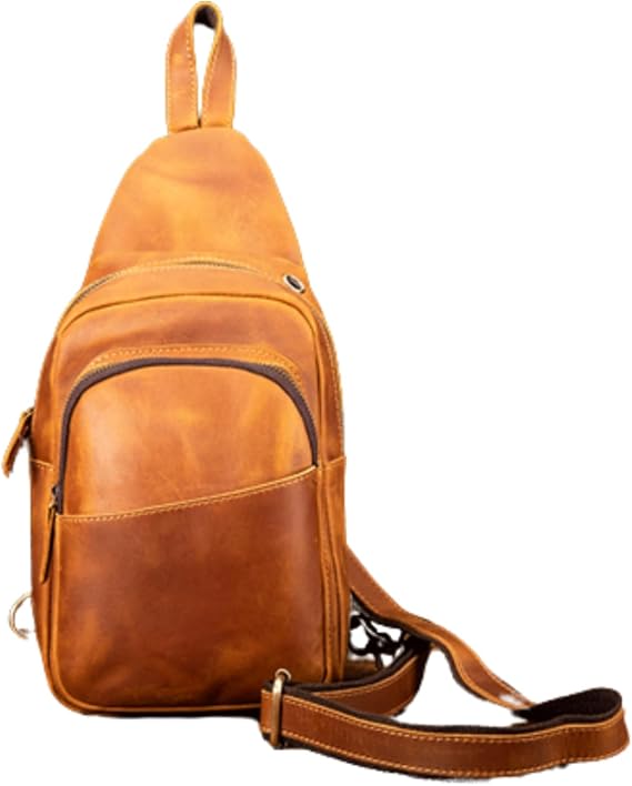 Leather Sling Bag for Men,Chest Bag Shoulder Bag Crossbody Bag Travel Hiking Daypack(Light Brown)