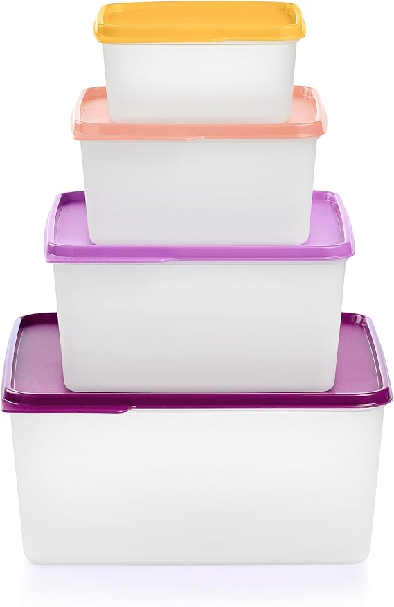 Tupperware Keeptabs 4-Container Stacking Food Storage Set, Multi Color Lids, Nestable, Dishwasher Safe and BPA Free (4 Containers, 4 Lids)