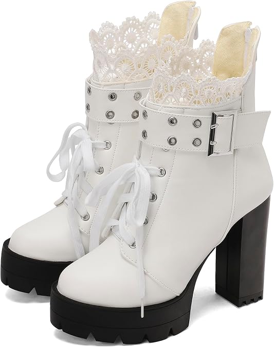 MEOTINA Women Goth Boots Platform Chunky Heel Buckle Combat Ankle Booties