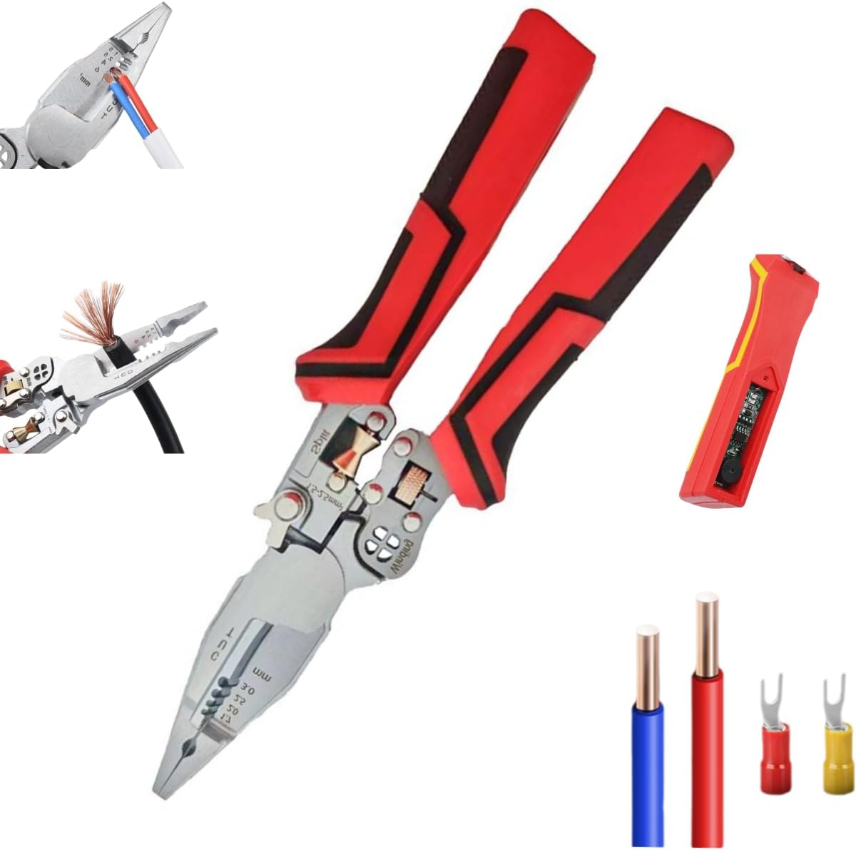 Multifunctional Wire Stripper, 2025 Upgrade Wire Strippers with Electricity Measurement, 9 in 1 Wire Crimper Cable Cutter Pliers Voltage Tester Pliers for Cutting, Winding, Splitting Red