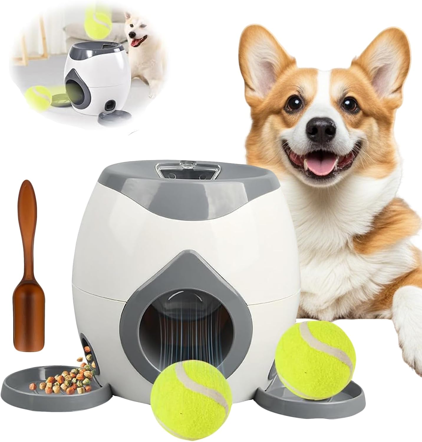 Dog Tennis Ball Food Reward Machine, Interactive Puzzle Toy with Slow Food Dispenser, Outdoor Training Toys Ball Launcher for MediumLarge Dogs, Exercise Mental Stimulation Grey