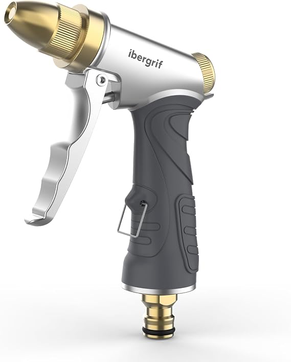 Ibergrif Hose Pipe Spray Gun, High Pressure Hose Nozzle and Heavy Duty Metal Garden Hose Spray Gun, 4 Patterns and Water Flow Control, for Lawn & Garden Watering Equipment, Gray