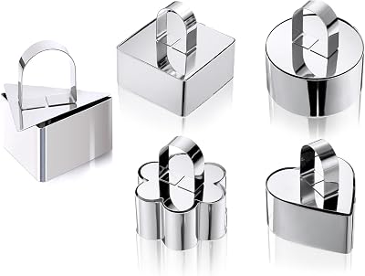 BAILIQI 5Pack Cake Rings Mould 3.15 inch, with Pusher Stainless Steel Round Square Flower Heart Triangle Dessert Mousse Cooking Baking Pastry Tool Crumpet MoldsInclude 5 Rings and 5 Pusher