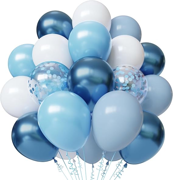 Blue and White Balloons, 50pcs 12 inch Blue White Confetti Balloons Kit | Metallic Chrome Blue Latex Balloons for Birthday, Baby Shower, Graduation Decorations