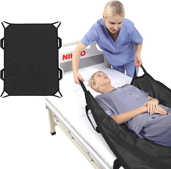 NIHAO Bed Positioning Pad with 8 Reinforced Handles 45" x 36" Patient Transfer Sheet Washable Reusable for Bedridden & Elderly Lifting Turning, Black