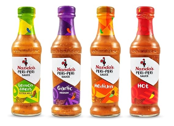 Nando's PERi-PERi Sauce Variety Pack - Medium, Hot, Garlic, and Lemon & Herb - Gluten Free - Non GMO - 4.7 Oz (4 Pack)