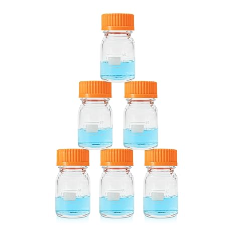 PEKYBIO Glass Media Bottle 100ml Round Storage Bottles 3.3 Borosilicate Glass Regent Bottles with PP GL45 Screw Cap (Pack of 6)