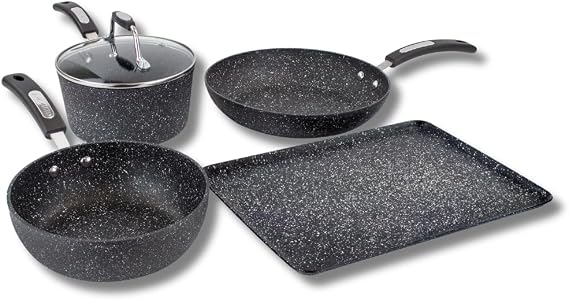 Scoville Neverstick 4 Piece Kitchen Cookware Set - Frying Pan, Wok, Baking Tray, Saucepan - Ideal for Beginners, Home Movers, Students - Black