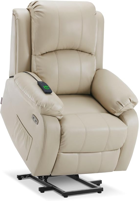 MCombo Small Power Lift Recliner Chair, Heat and Massage 7408, Beige | Faux Leather, Designed for Petite Elderly, 140 Recline, 4'7" Extended Footrest, USB/Type-C ports, FSC Certified