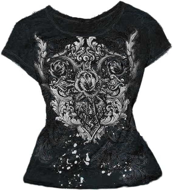 Women Graphic Grunge Shirts Loose Fit Gothic Punk Tees Y2k Emo Clothes Teen Girls Baggy T Shirts 2000s Vintage Tops