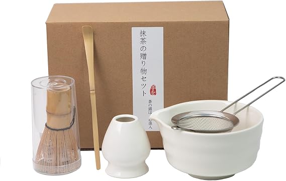 Matcha Whisk Set, Matcha Bamboo Whisk and Holder, Bamboo Scoop and Stainless Sifter, 5 Pcs Matcha Making Kit for Lover (White)