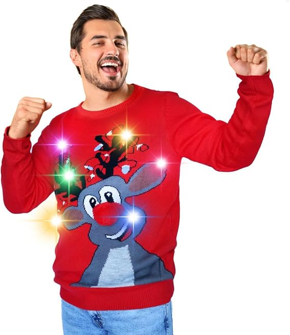 BLACKBARK LED Ugly Christmas Sweater - Light Up, Novelty Long Sleeve, Funny Knitted Pullover with Lights for Men Women