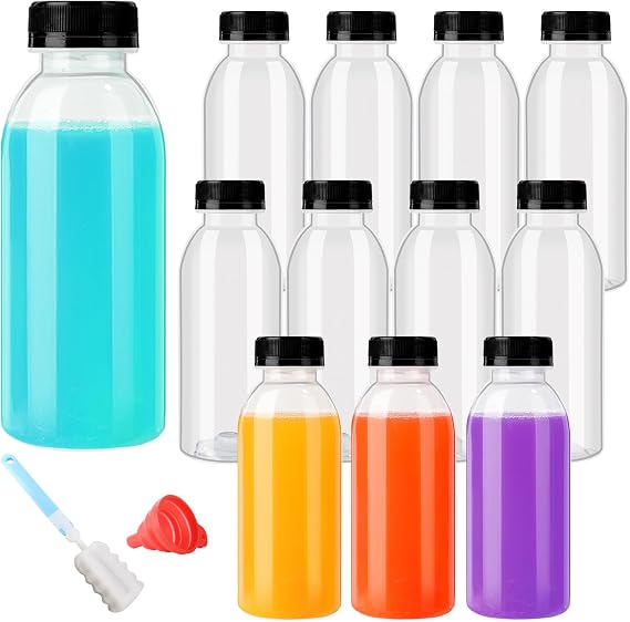 YBCPACK 12 Pack Plastic Juice Bottles with Lids, 450ml/16oz Heat Resistant