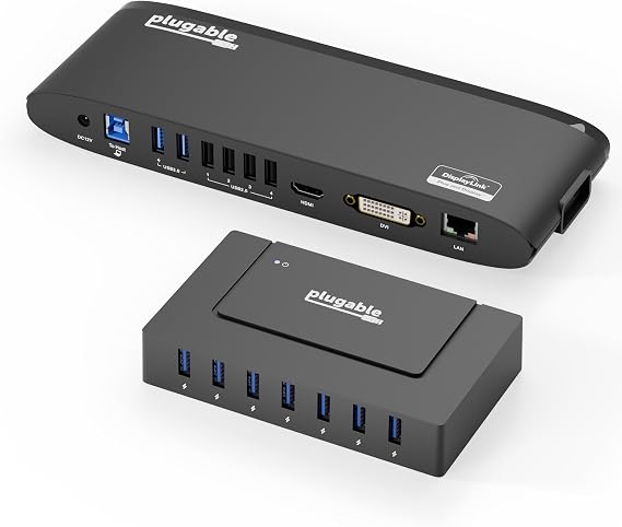 Bundle - Plugable Docking Station Dual Monitor with HDMI/DVI/VGA, USB 3.0 or USB-C, Ethernet, Audio, 6 USB Ports and 7-in-1 USB Powered Hub Ultimate Connectivity for Windows, Mac, and Chrome