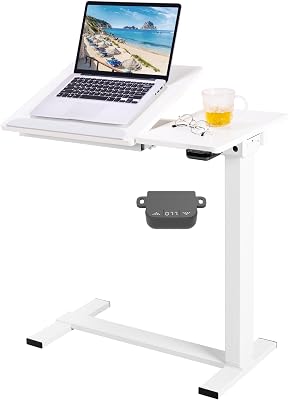 Fromann Electric Height Adjustable Overbed BedsideTable Rolling Desk for Bed Movable Sit to Stand Desk with Tilt Top for Hospital, Home, or Office Use, White