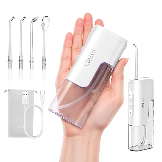COSLUS T40 Mini Water Flosser for Travel, Portable Compact Design | Cordless Oral Irrigator, Built-in Tip Storage, 4 Modes for Braces, Orthodontic, Sensitive Teeth, On-the-Go Use, White