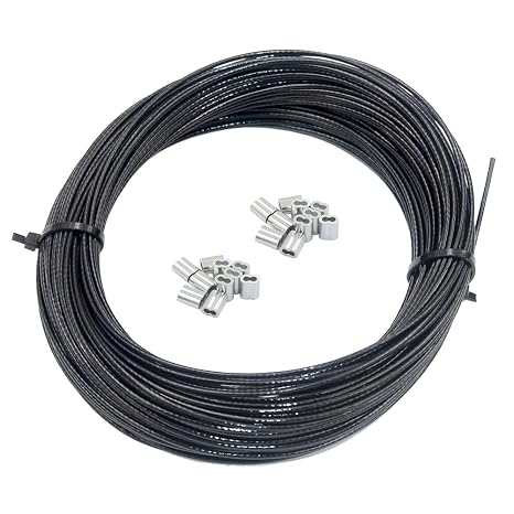 DGOL Soft Black Vinyl Coated 100 ft 304 Stainless Steel Cable Wire Rope 1/16 inch Core Diameter 3/64 inch with 20pcs Sleeves Stops